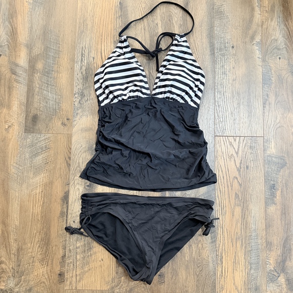 Other Other - Full coverage v-neck Tankini 2 piece tankini set black white strip swimwear